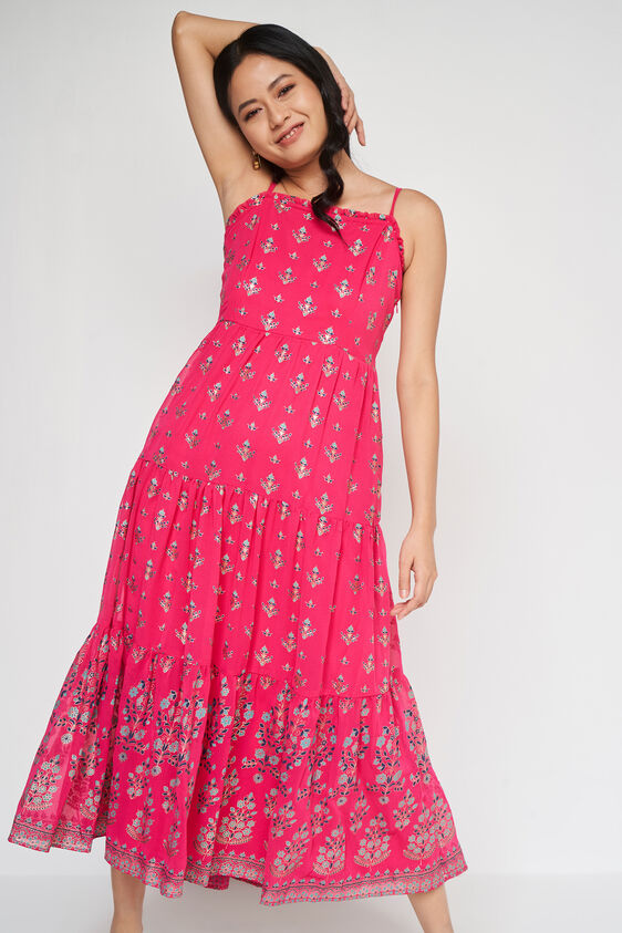 Hot Pink Foil Print Fit & Flare Gown, Hot Pink, image 2